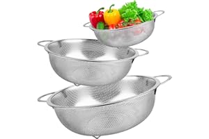 NVIYAM Sieb 3er-Set, Nudelsieb Edelstahl mit Griffen, Küchensieb Micro-Perforierte Hochglanzpoliert,Metall Küche Sieb für Nudeln Obst Reis,Gemüse, Reissieb Spülmaschinenfest, Abtropfsieb Seiher (16/22/28cm)