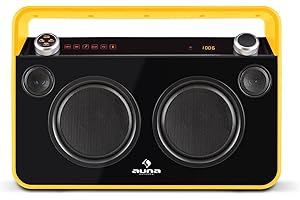 AUNA Bebop - Ghettoblaster, Poste stéréo Massif, Bluetooth, Adapté pour Le Karaoke, Deux entrées Microphone, Système 2 Voies, Woofers, Tweeters, USB, Batterie intégrée, Télécommande, Jaune