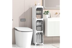 Enjinkail Slim Bathroom Cabinet, Freestanding Plastic Storage Unit with Door, Waterproof Small Trolley with Wheels for Office, Living Room, Kitchen, Entryway (21W*97H*34D, 3 tier)