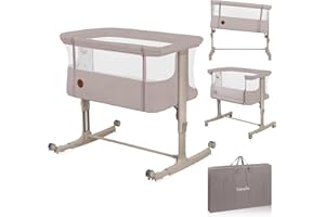 lionelo Aurora 3 en 1 Lit bébé jusqu'à 9 kg Cododo, Berceau Réglage de la Hauteur et de l’Inclinaison du Matelas 4 roulettes avec Freins Matelas Ergonomique Sac (Beige)