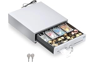 POS VALLEY Tiroir pour enregistreur de caisse petit, ouverture automatique RJ11 et clé, insert en espèces 4 billets et 8 pièces (euros), 33 x 33 cm (blanc)