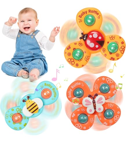 NCKIHRKK Spinner Bébé Ventouse – Lot De 4 Insectes (abeille, Papillon, Coccinelle, Escargot), Jouet Sensoriel Tournant Sans Pile, 1-6 Ans