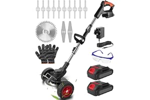 YANGOR Garden Strimmer Cordless, Adjustable Grass Trimmer with Blades, Digital Display Electric Strimmer with 2 Batteries, Lightweight Grass Cutter Machine with Removable Wheels for Garden Lawn