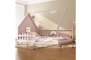 Huayz Letto per bambini, 140 x 200 cm, Montessori, con protezione anti-caduta e rete a doghe, in legno, per ragazzi e ragazze, senza materasso (rosa)