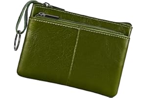 BIDPONDS Porte-monnaie en cuir véritable avec triple fermeture éclair et porte-clés, vert militaire, Pochette à monnaie