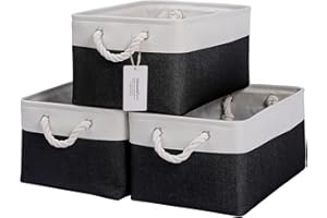 CREADARD Fabric Storage Basket Set of 3, Foldable Linen Storage Box for Nursery and Home, Collapsible Canvas Shelf Basket for Wardrobe or Bedroom, Black and White