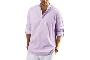 Enlision Uomo Camicia in Lino di Cotone Manica Lunga Henley Shirt con Bottoni Casual Hawaii in Tinta Unita Maglietta T-Shirt da Uomo per Interni Spiaggia Hippie
