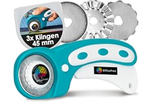 OfficeTree Rollschneider Stoff 45mm - Stoffschneider Rollschneider Set 3 Klingen - Rollmesser für Stoff Papier und Tapete Mühelos - Rotary Cutter zum Nähen oder Basteln