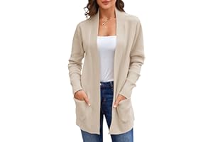 Runcati Damski długi kardigan klasyczny elegancki otwarty przód dzianina kardigan z długim rękawem kieszenie sweter