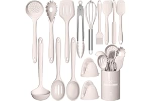 Terlulu Küchenhelfer Set, 15-teiliges Silikon Kochutensilien Kochbesteck Set, Hitzebeständiger Kochgeschirr mit Utensilienhalter, Antihaft Kochset Küchenutensilien, Spülmaschinenfest - Khaki