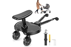 JoyCushy Universal Buggy Board, 2-in-1 Buggy Board with Larger Seat for Kids 2-6 Years (25KG), Fits 99% of Strollers, Easy to Install, Safe & Durable - Ideal for Families with Two Children (Black)