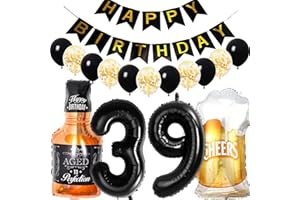 Conruich Geburtstagsdeko 39 Jahre Mann Frau, Luftballon 39. Geburtstag Deko Mann, Folienballon Zahl 39 Schwarz, Helium Ballon Whiskey Bierglas für 39. Geburtstag Manner Party Dekoration