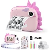 HiMont - Instant Digital Kids Camera with Printing Paper and 32GB TF Card, Video Camera, Colored Pencils, Photo Clips for Cra