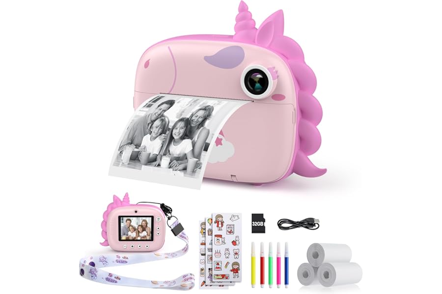 HiMont Kids Camera Instant Print, Digital Camera for Kids with No Ink Print Paper & 32G TF Card, Selfie Video Camera with Color Pens for DIY, Fun Gift for Girls Boys 3-14 Years Old (Pink)