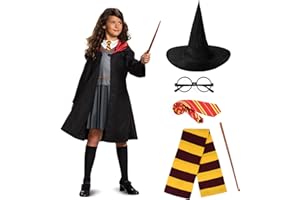 URAQT Magier Robe, 6-teiliges Kostüm Kinder für Jungen Mädchen, mit Umhang Zauberstab Brille Zauberhut Schal Krawatte, Halloween Zauberer Kostüm für Cosplay Karneval Verkleidung Party (155cm)