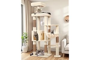 Globlazer Arbre a Chat Beige XL, Arbres à Chats Grand Hauteur 167 cm avec Vaste Plateforme, Large Niches, Perchoir, Panier, Tour a Chat Stabil pour 2-4 Gros Chats Repos Jeux Intérieur (F65B, Beige)