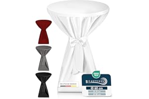 ‎BEAUTISSU Beautissu Premium Stehtischhusse Blickdicht Weiß Ø 60-65 cm – rutschfest Bügelfrei & 40°C Waschbar Stehtischüberzug mit Schleifenband – Husse für Stehtisch Bistrotisch Bartisch Gastronomie