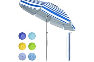 Grandekor Parasol de plage, parasol de jardin exterieur, UV50+, Ombrelle réglable en hauteur et inclinaison, Avec ancre de plage de 12cm, Pour plage, balcon & terrasse, 200cm, Rayure Bleue Blanche