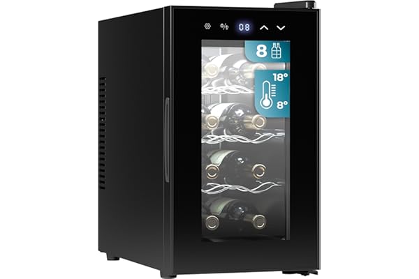 Cecotec Vinoteca 8 Botellas Bolero Grandsommelier 830 coolcrystal, Enfriamiento termoeléctrico, Temperatura regulable entre 8-18ºC, Control táctil y display, LED interior, Gas no nocivo.