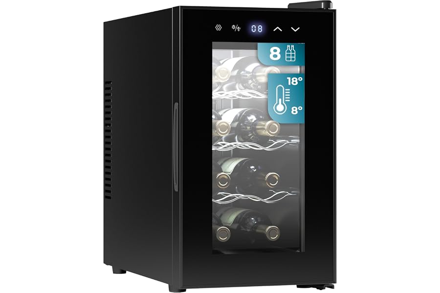 Cecotec Vinoteca 8 Botellas Bolero Grandsommelier 830 coolcrystal, Enfriamiento termoeléctrico, Temperatura regulable entre 8