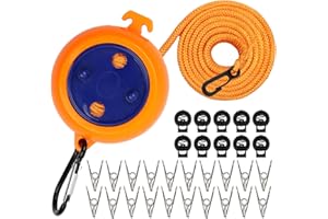 YIKAOMAI® Einziehbare Wäscheleine, 10 m tragbare Reisewäscheleine, verstellbare Camping-Wäscheleine mit 10 festen Schnallen und 20 Wäscheklammern für Camping im Freien & drinnen (Orange)