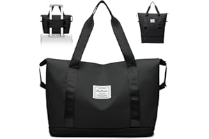 Wasarmir Reisetasche Damen, Erweiterbare Sporttasche Wasserdicht Handgepäck Tasche Weekender Bag Schwimmtasche, Leichtgewicht Travel Bag Duffle Bag für Sport im Freien, Reisen, Fitnessstudio, Schwarz