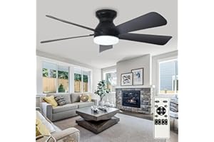Depuley Modern Ceiling Fan with Light: 42-Inch Black Small Fans for Bedroom Indoor Outdoor - Dimmable Flush Mount Low Profile Ceiling Fans with Remote Control 5 Reversible Black Blades 6 Speeds Timer