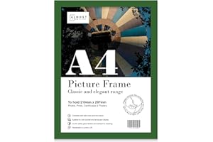 Almost Frameless A4 Green Picture Frame, Fits A4 (21 x 29.7cm - 8.3 x 11.7in) Poster, Photo, or Print. Portrait and Horizontal Wall Hooks/Kickstand Wall Art Display