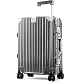 ALPHA CAMP Suitcase Sets Polycarbonate and Aluminum Suitcase Cabin, Medium and Large Suitcase XL Silver, TSA Schloss Travel,
