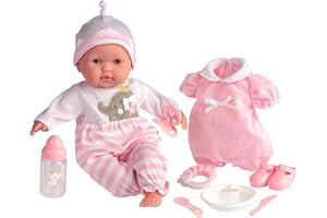 JC Toys- Berenguer Boutique 38 cm realistisk babytygdocka med öppen/stängd 10-delad presentset med flaska, skallra och tillbehör, rosa från 2 år