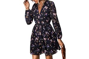 Cupshe Abito autunnale in chiffon da donna, mini abito a trapezio, con maniche lunghe a sbuffo e scollo a V, stile casual