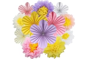 BestoFun Set of 12 Paper Flower Fans Beige Light Purple Peach Paper Flowers Pompoms Pink Light Yellow White Hanging Garland Decoration for Wedding Birthday Party Garden Party Table Decoration