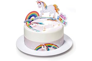 Kardasis Decoración de Pastel de Unicorn | Papel comestible para decorar | Divertidas decoraciones para cumpleaños con temática de la Unicorn | 20cm + 3 cintas 28x5cm + 4 figuras