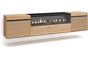 Skraut Home | Mueble TV | Televisión | Muebles de salón, almacenaje | 200x45x35cm | para TV hasta 80" | Chimenea eléctrica | Colgado, Suspendido | Estilo Moderno | Roble
