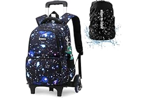 Voici et Voila 4pcs Trolley Tasche Kinder Mädchen Rucksack mit Rollen Teenager Schulrucksack Kinder Schultasche Rollen Mädchen Rolling Backpack Teens Schwarz Galexy 30x20x42CM