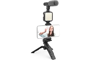 DigiPower Vlogging Set Like Me mit LED-Videoleuchte + Mikrofon + Handy Halterung + Handgriff/Mini-Stativ, kompatibel mit Smartphones, für TikTok, YouTube, Live-Streaming und Meetings