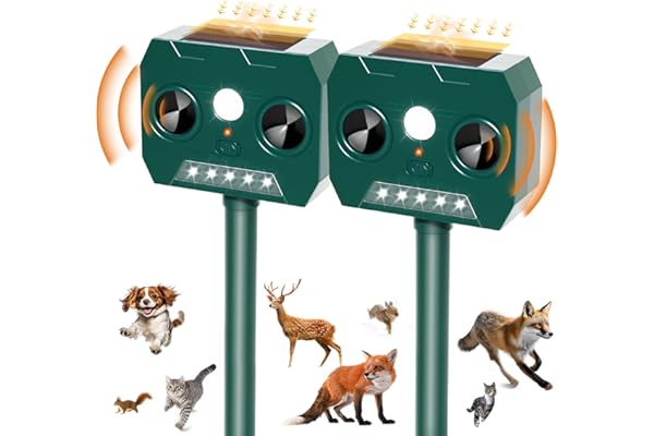 RAYGARD 2 Piezas Ahuyentador de Gatos Exterior, 2025 Ultrasónico Repelente de Zorros Solar con Luz LED, 12m 120° IP45 Impermeable Aullentador de Animales para Gatos Zorros Martas Mapaches Perros