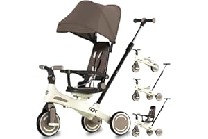 WeLLIFE – RGX - Triciclo Evolutivo 5 in 1 per Bambini da 1 a 5 anni. Sedile girevole a 360 e Cappottina, Maniglione Regolabile per guida assistita (BROWN)
