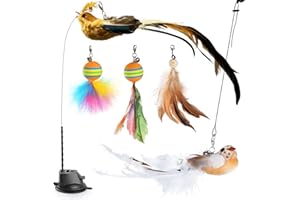 KIKISML 8 Pezzi Gioco Gatto, Giochi con Piume per Gatto con Base a Ventosa, Gatti Giochi Interattivo Palle Gioco per Gatti Gattini