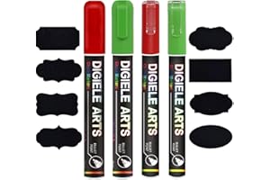 DIGIELE Rotulador Tiza Liquida Rojo + Verde, 2pcs 3mm + 2pcs 6mm Rotuladores de Tiza Líquida con 16 Pizarra Reutilizable Etiquetas, Borrado con Seco y Húmedo, Punta Reversible de Bala o Cincel