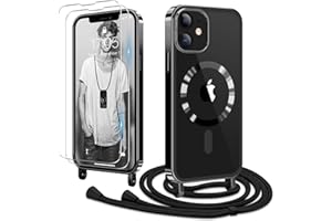 Ethanger Handyband für iPhone 12 iPhone 12 Pro Hülle mit Band + 2 Stück Glas Schutzfolie Transparent Silikon Handyhülle Magnetische Schutzhülle Case zum Umhängen für iPhone 12/12 Pro Schwarz