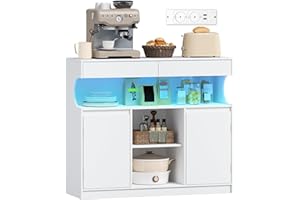 ‎HZUANERI Hzuaneri Sideboard, Küchenschrank mit Steckdosenleiste und LED-Licht, Aufbewahrungsschrank, 2 Schubladen und 2 Türen, Verstellbaren Regalen, Buffetschrank, Esszimmer, Küche, 35×100×85cm, Weiß SC64903X