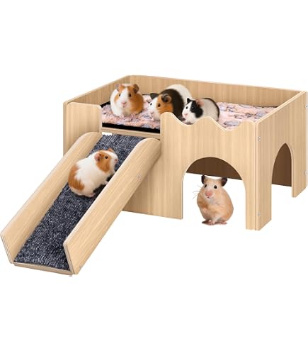 Großes Meerschweinchen-Schloss Aus Holz – 2-stöckig Mit Rampe, 4 Türen, 37,8x24,9x18,3 Cm