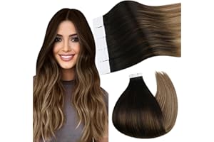 Ugeat Extensiones Adhesivas Remy Pelo Humano Balayage de Marrón Oscuro Ombre Marrón Medio con Marrón Dorado Claro Extensiones Pelo Natural Adhesivo Extensiones 30cm 20 Piezas 30g
