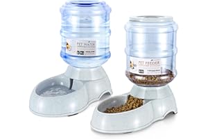 Flexzion Automatischer Wasserspender und Futterspender für Katzen und Hunde, Wassertränke und Futterautomat Set, Trinkbrunnen und Trockenfutter-Spender für Kleine Haustiere Tierfutter 11,3 L x 2