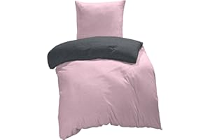 one-home Winter Bettwäsche Biber Meliert Baumwolle Flanell Kuschelig Flauschig Warme Weiche Melange Modern, Größe:2 teilig 135x200 cm, Farbe:rosa/anthrazit