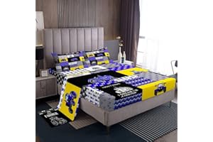 LOUSSIESD Set di lenzuola con trattore, motivo fattoria dei cartoni animati, per bambini e ragazzi, ragazze, escavatore, trattore, giallo, viola, king size