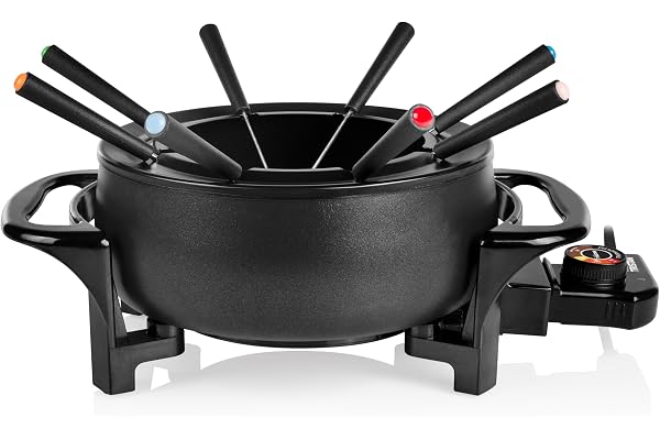 Tristar Set à fondue1,5 L pour 8 personnes, Caquelon multifonction pour fondue à l’huile, au fromage, au chocolat et chinoise, inclut 8 fourchettes et un anneau anti-éclaboussures, facile à nettoyer