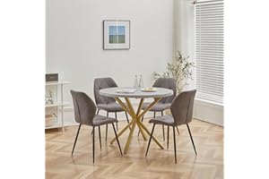 DEYARNA HOME Juego de Mesa de Comedor Redonda de 100 cm con 4 Sillas de Tela de Lino, Conjunto Mesa y Sillas de Comedor para Comedor, Cocina y Salón (Gris/Oro+LX-Gris)