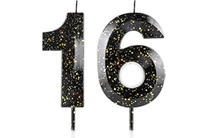 CXRYRZHE Number 16 Candles 16th Birthday Candles 3D Black Gold Happy Birthday Candle Premium Wax & 3D Diamond Design Cake Topper Decorations for Birthday Party Wedding Anniversary Celebration Supplie